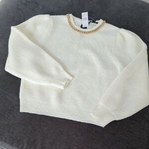 Ann Taylor Cream Sweater with Gold Chain Detail